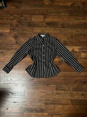 Vintage Foxcroft Fitted Blouse - Black Grey Striped Pleated Waist - Size Large